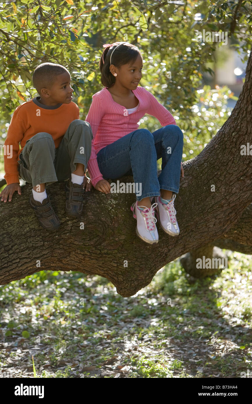 African American boy and girl sitting on tree branch in park Stock ...