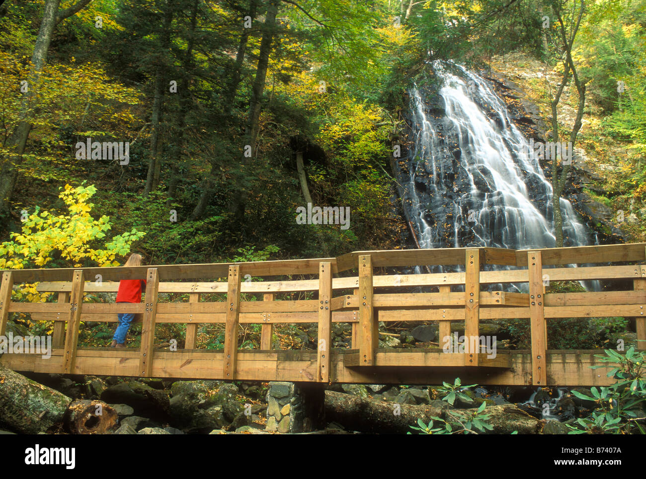 Hiker on Trail Bridge, Crabtree Falls, Crabtree Meadows, Blue Ridge