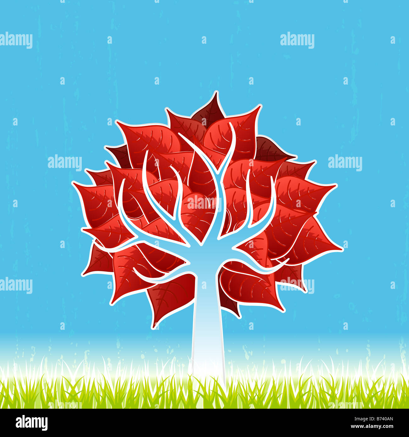 Vector illustration of a stylized red leaf tree with green grass and textured blue horizon sky Stock Photo