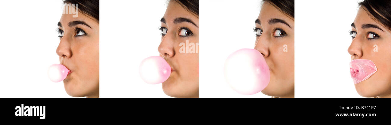 Horizontal sequential portrait of young teenage girl blowing a big pink ...