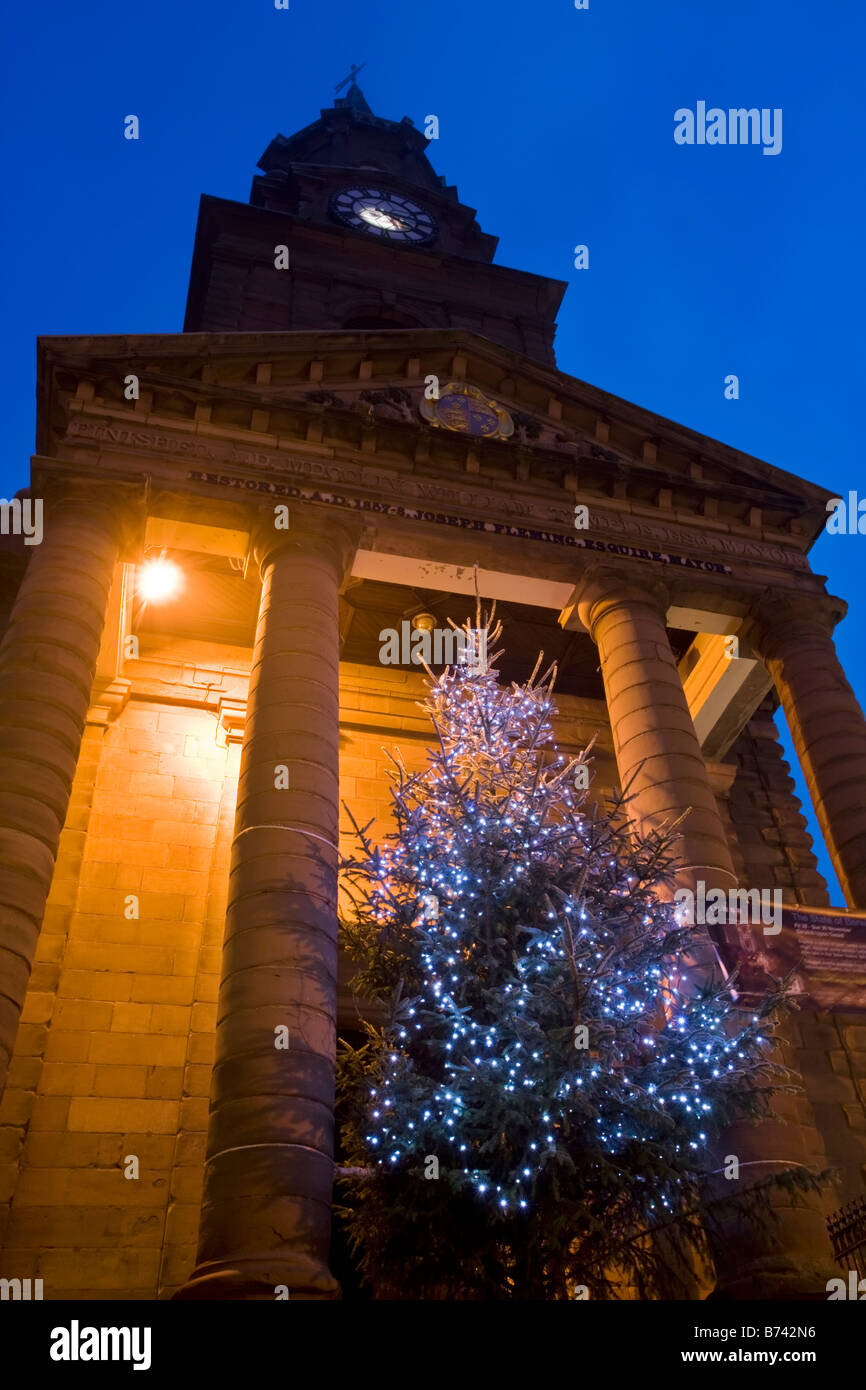 The Town Hall of Berwick upon Tweed floodlit and with a Christmas Tree