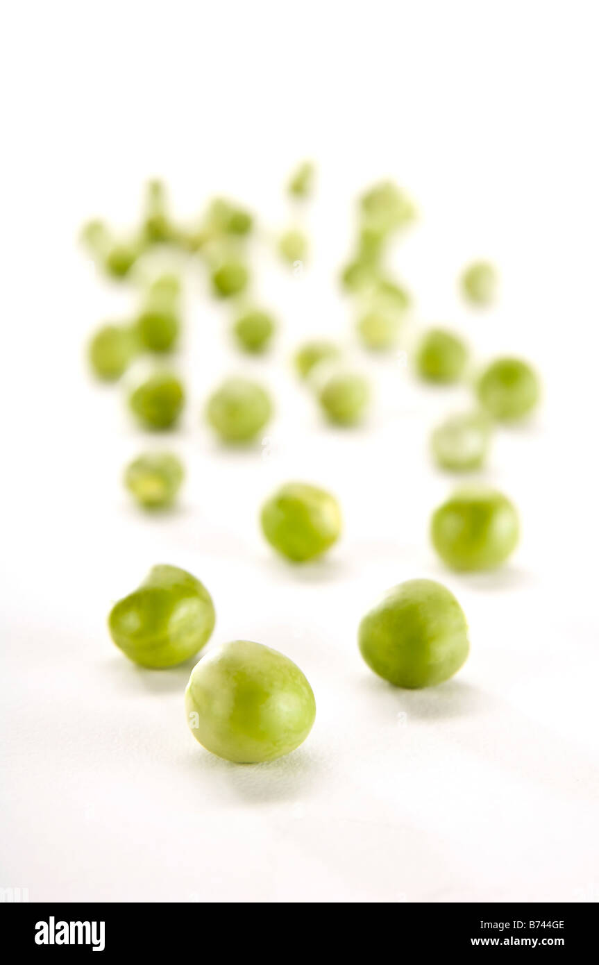 Close up of fresh garden peas - petit pois style, mini peas. Shot in modern shallow depth of field style. Stock Photo