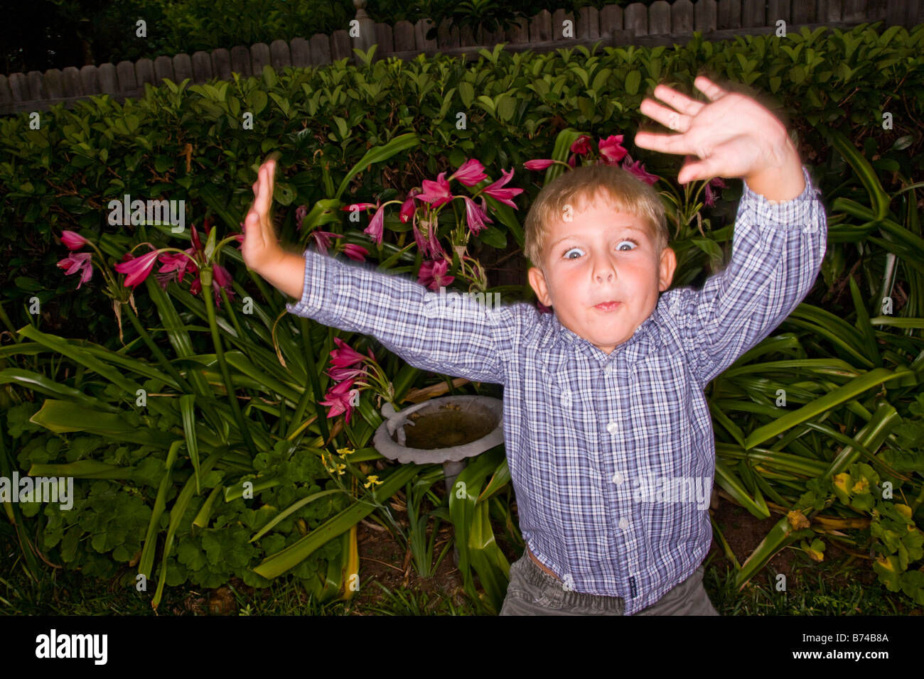 Boy making faces in garden Stock Photo