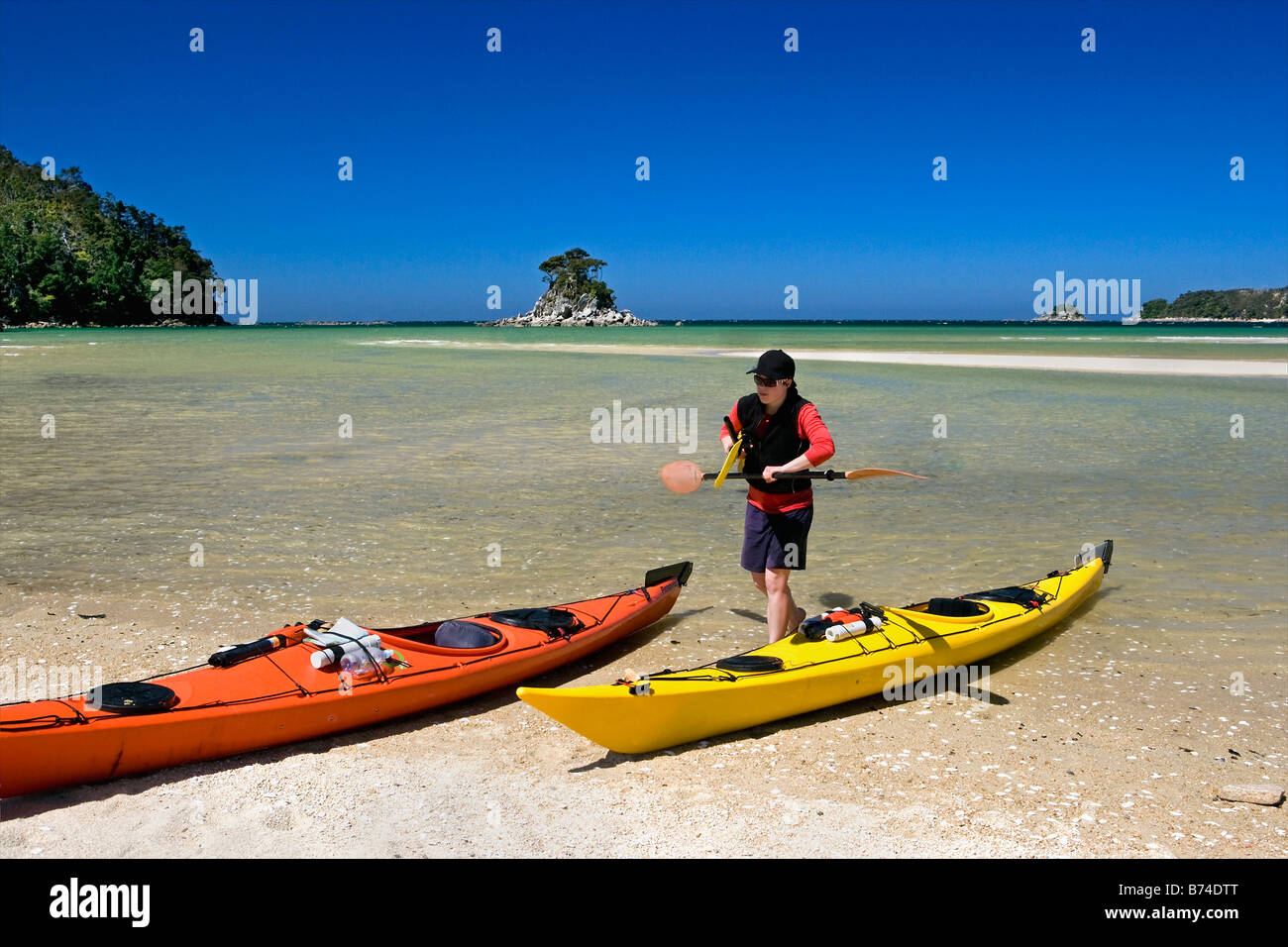 New Zealand, South Island, Abel Tasman National Park. Kayaking on sea. Man Stock Photo