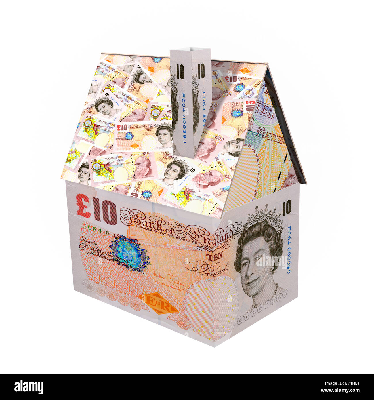 Small house made from 10 pound notes sterling - 3D CGI render financial concept Stock Photo