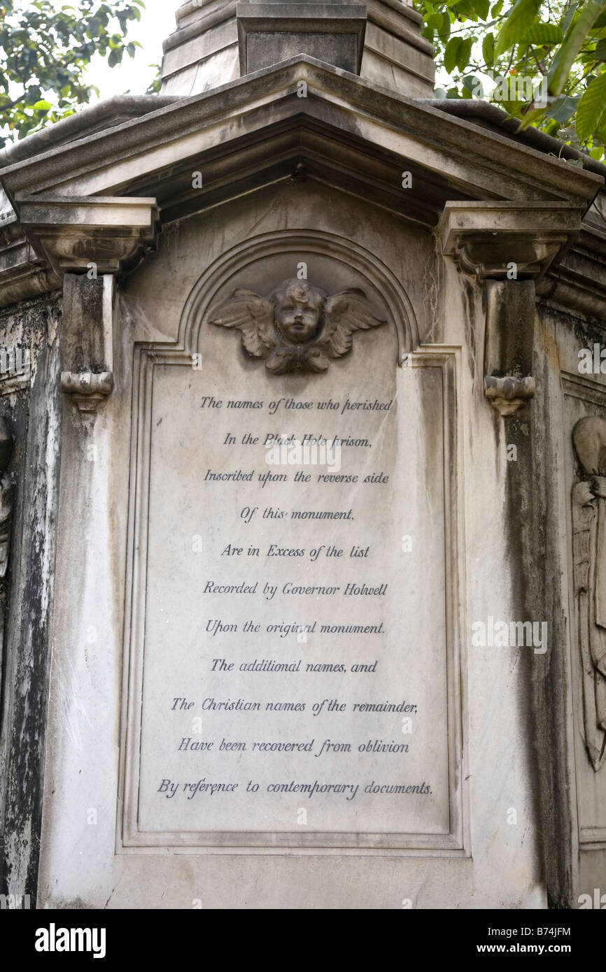 An inscription on the controversial memorial to the victims who died in the Black Hole of Calcutta, erected by Lord Curzon. Stock Photo
