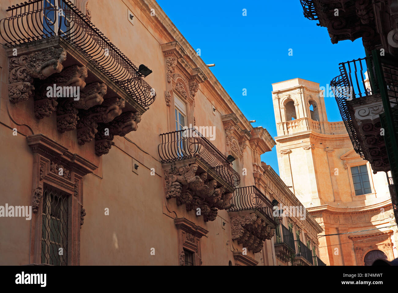 Baroque Balconies, Palazzo Nicolaci di Villadorata, Noto, Sicily Stock