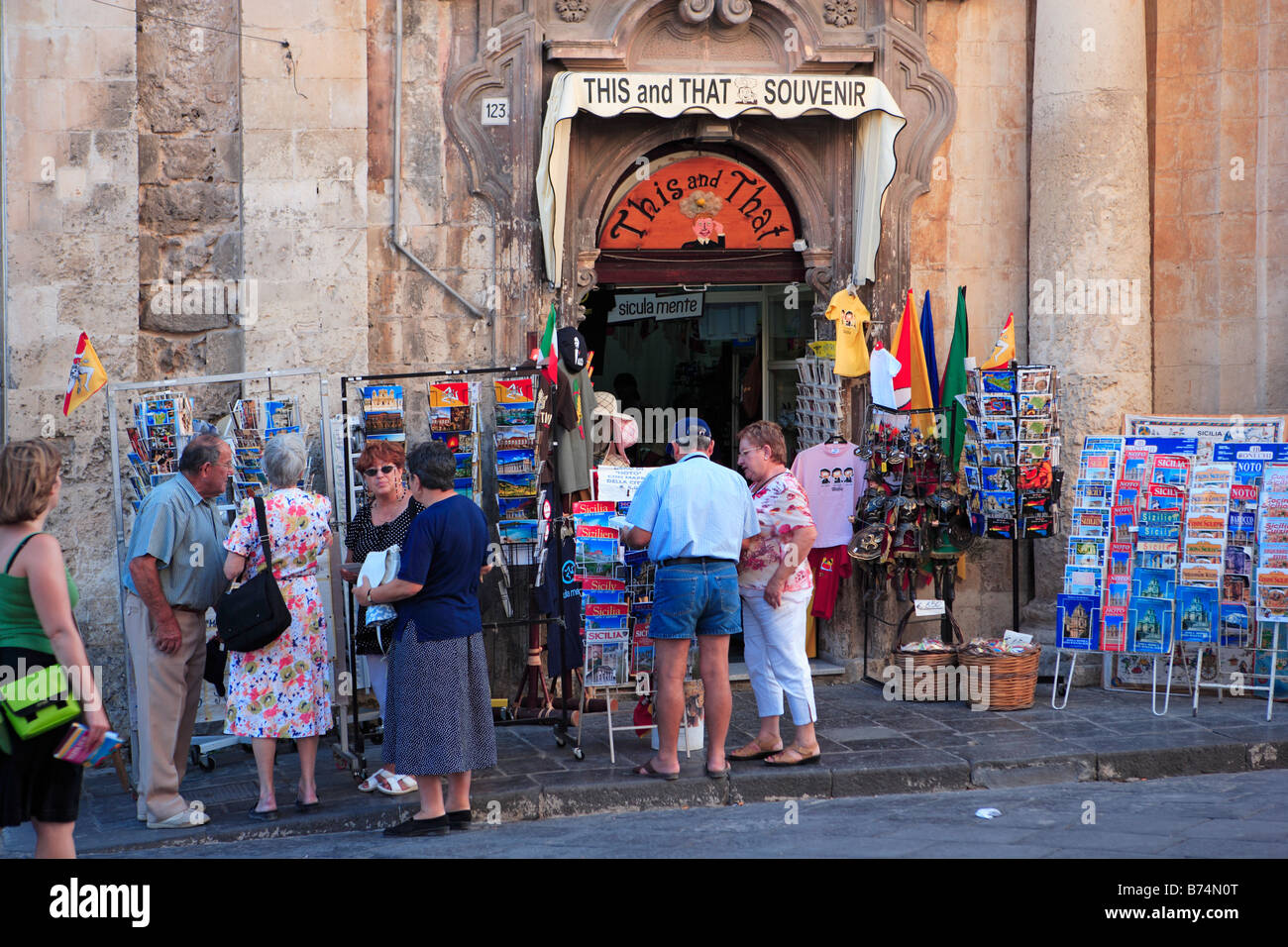 Souvenir Shop with postcards and guide books, Noto, Sicily Stock Photo