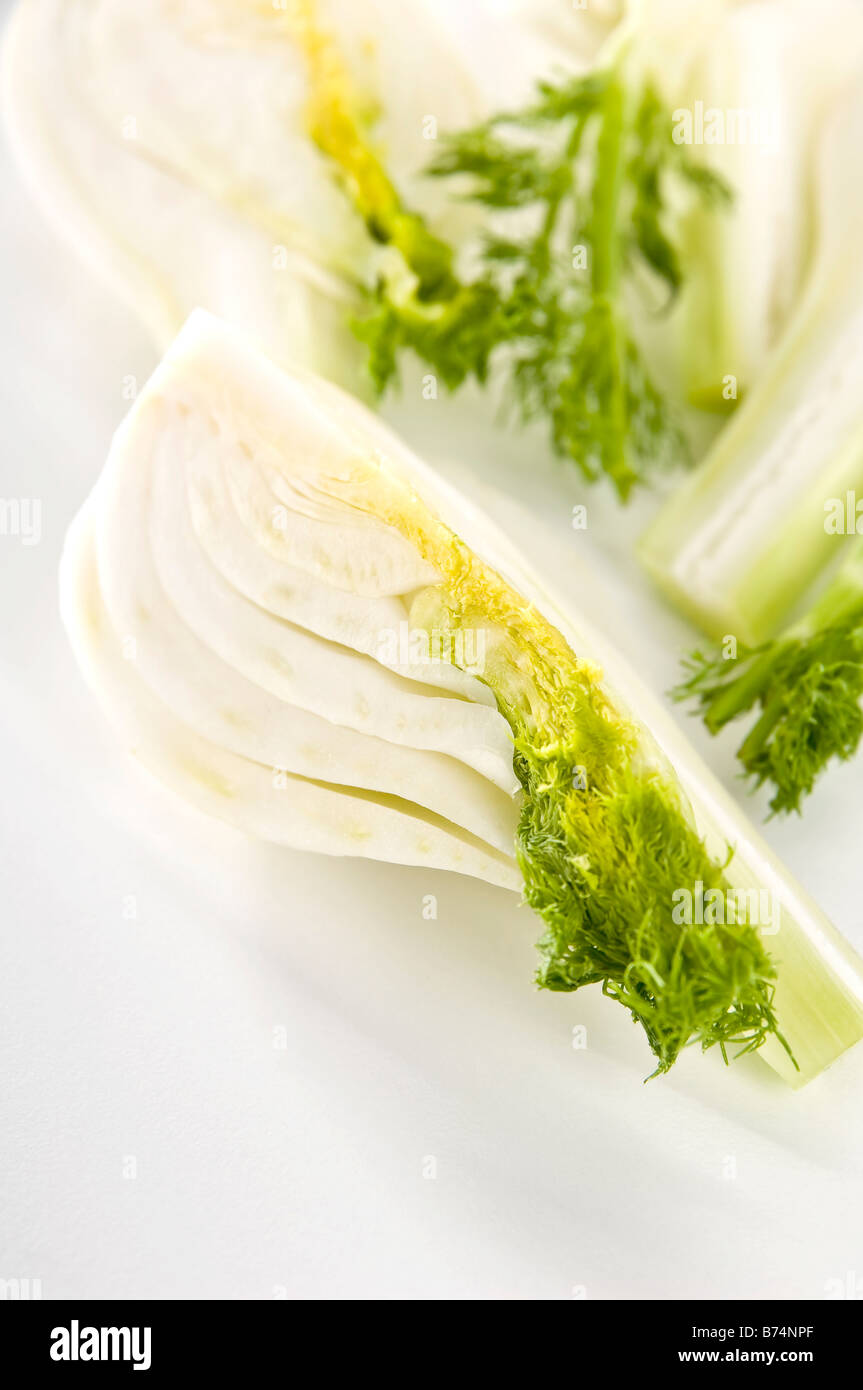 Quarters of a raw fennel bulb. Showing the lovely texture inside and