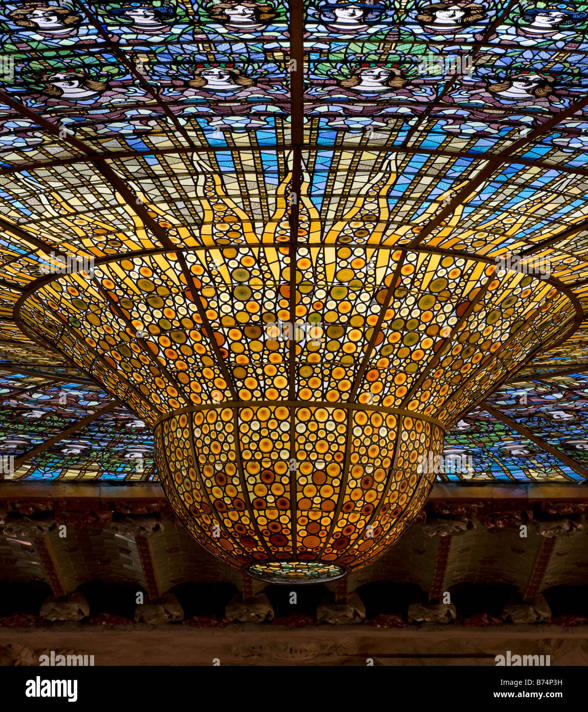 Skylight of stained glass with central inverted dome designed by Antoni Rigalt, Palau de la Musica Catalana, Barcelona Stock Photo
