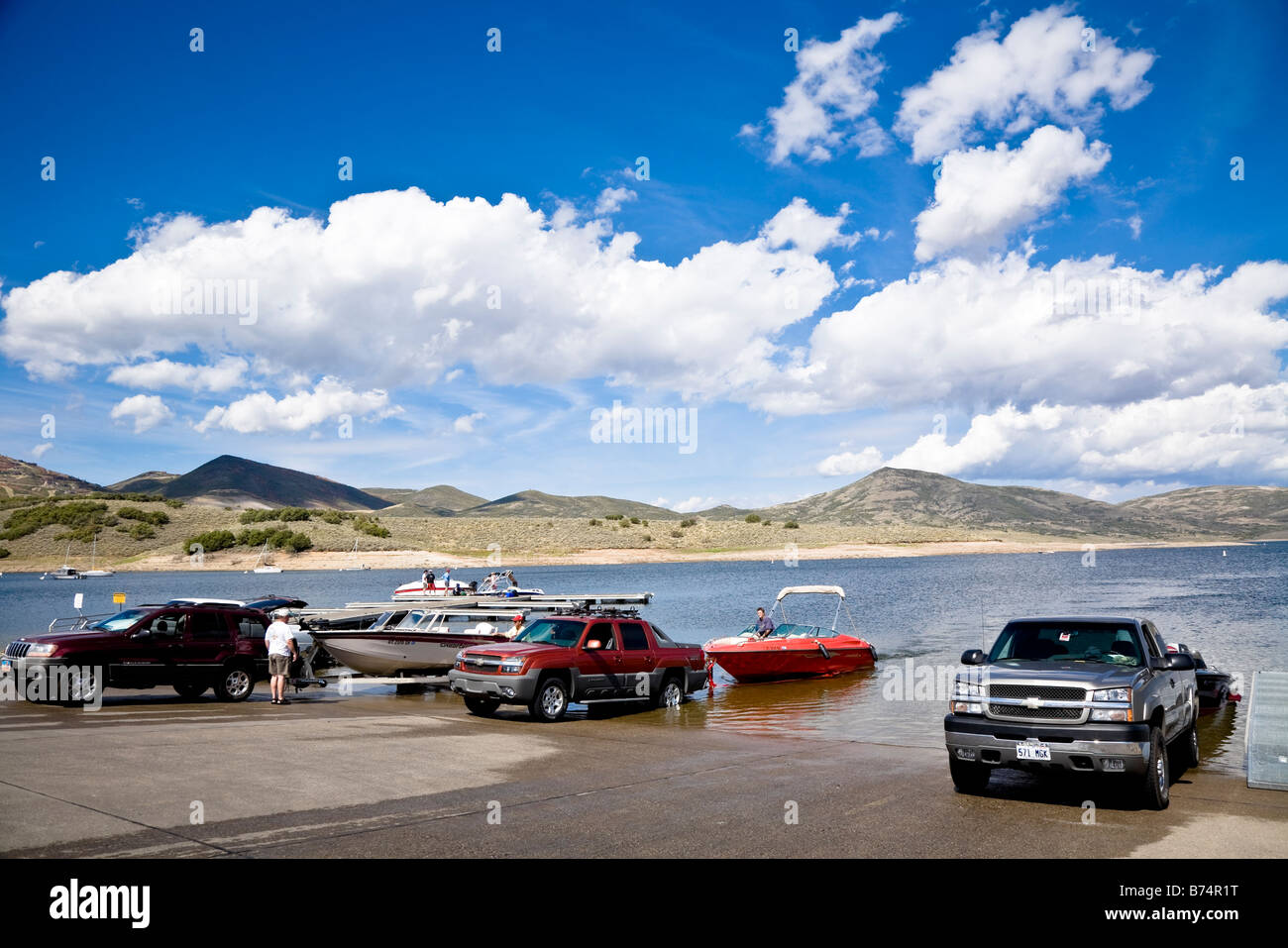 Boats at the boat slip at the Hailstone section of Jordanelle State Park Utah USA Stock Photo
