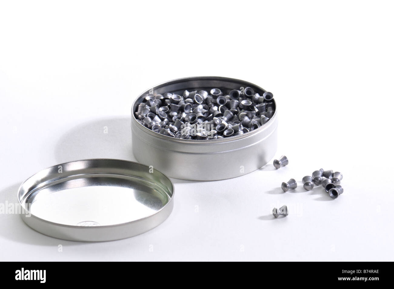 A can of lead pellets for an air gun. USA. White background Stock Photo