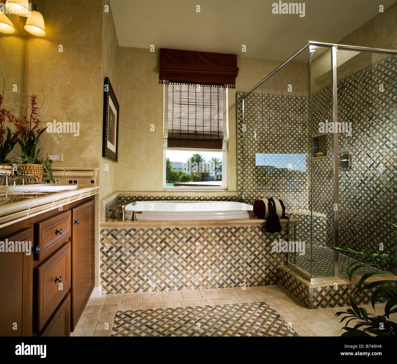Large Master Bathroom with Ornate Tile work Stock Photo Alamy