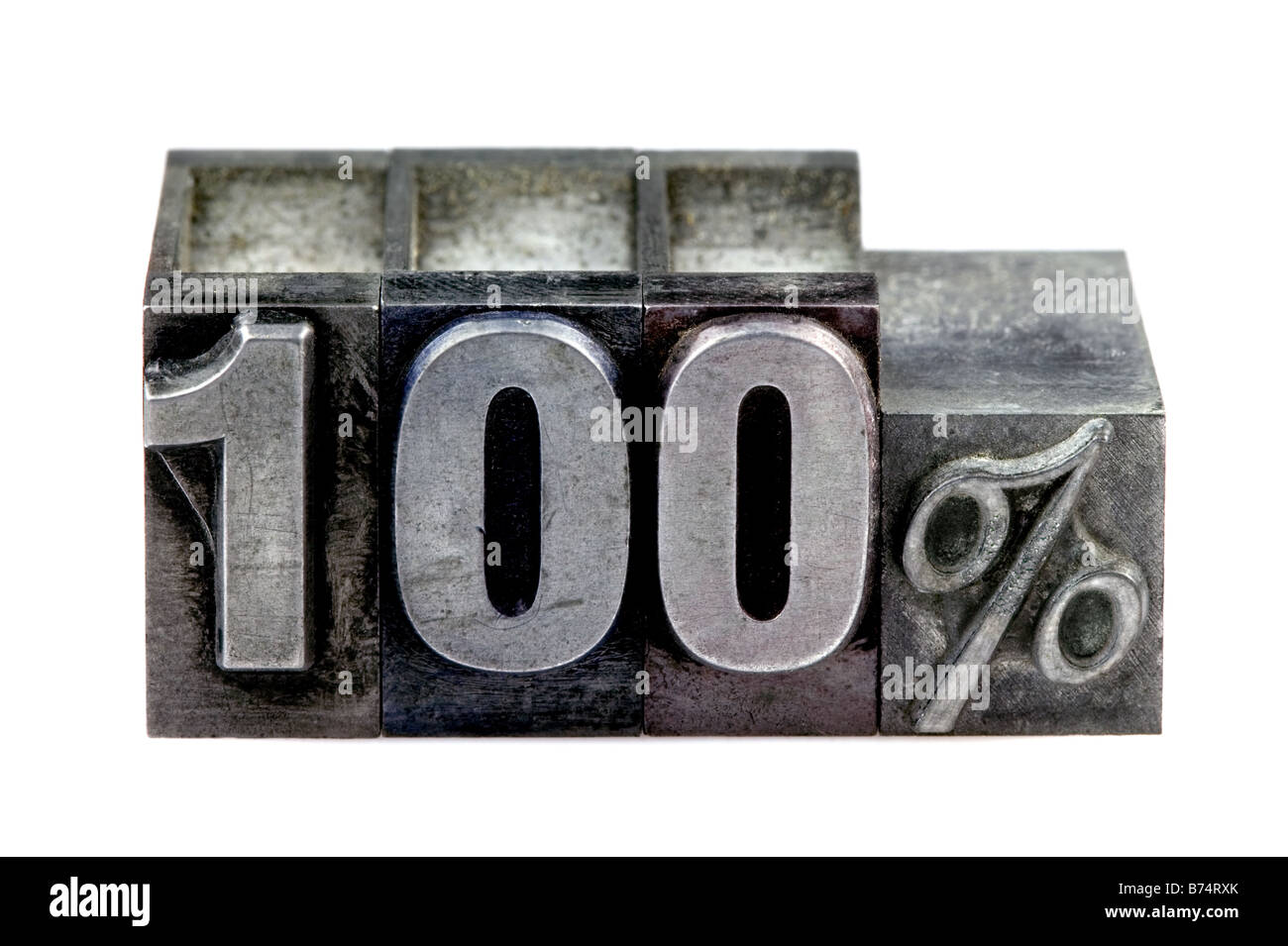 The term 100 in old letterpress printing blocks isolated on a white background Stock Photo