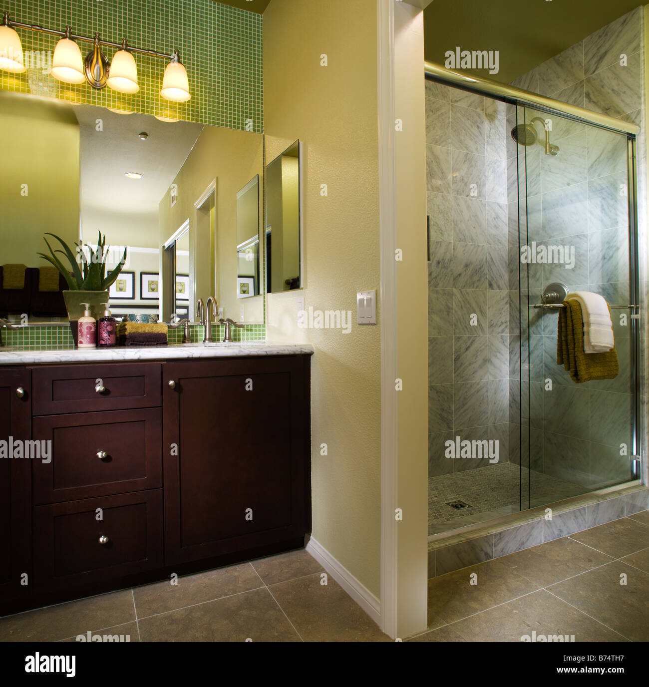 Warm Bathroom with Shower with green accents Stock Photo Alamy