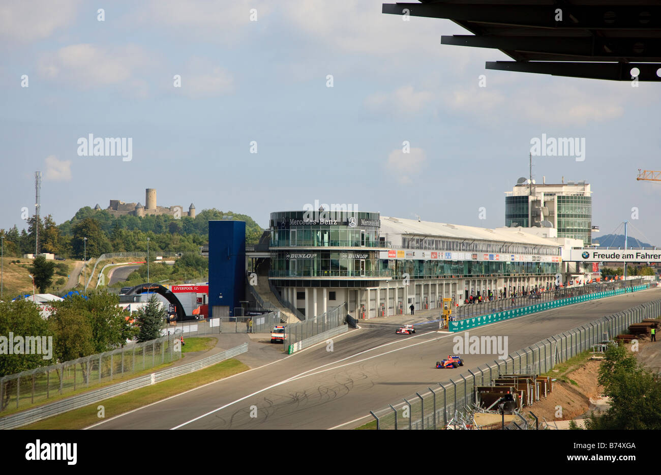Pit lane and finish line of the Nürburgring racing track in Nürburg, Germany. Stock Photo