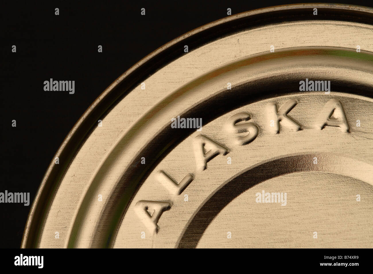 Steel tin food can container marked produce of Alaska USA with black background for copyspace Stock Photo