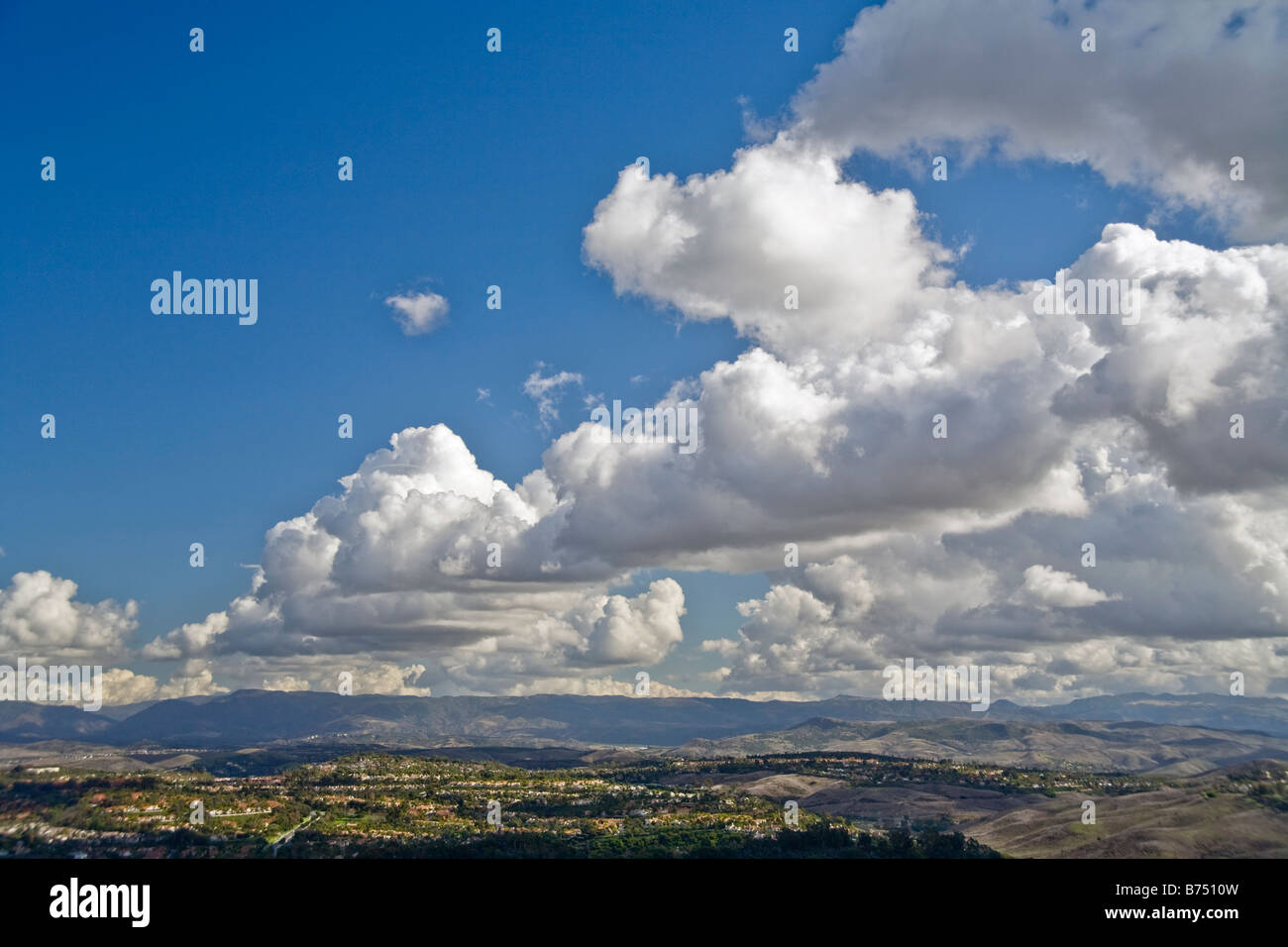 Cumulus castellanus clouds in blue sky Southern California Stock Photo
