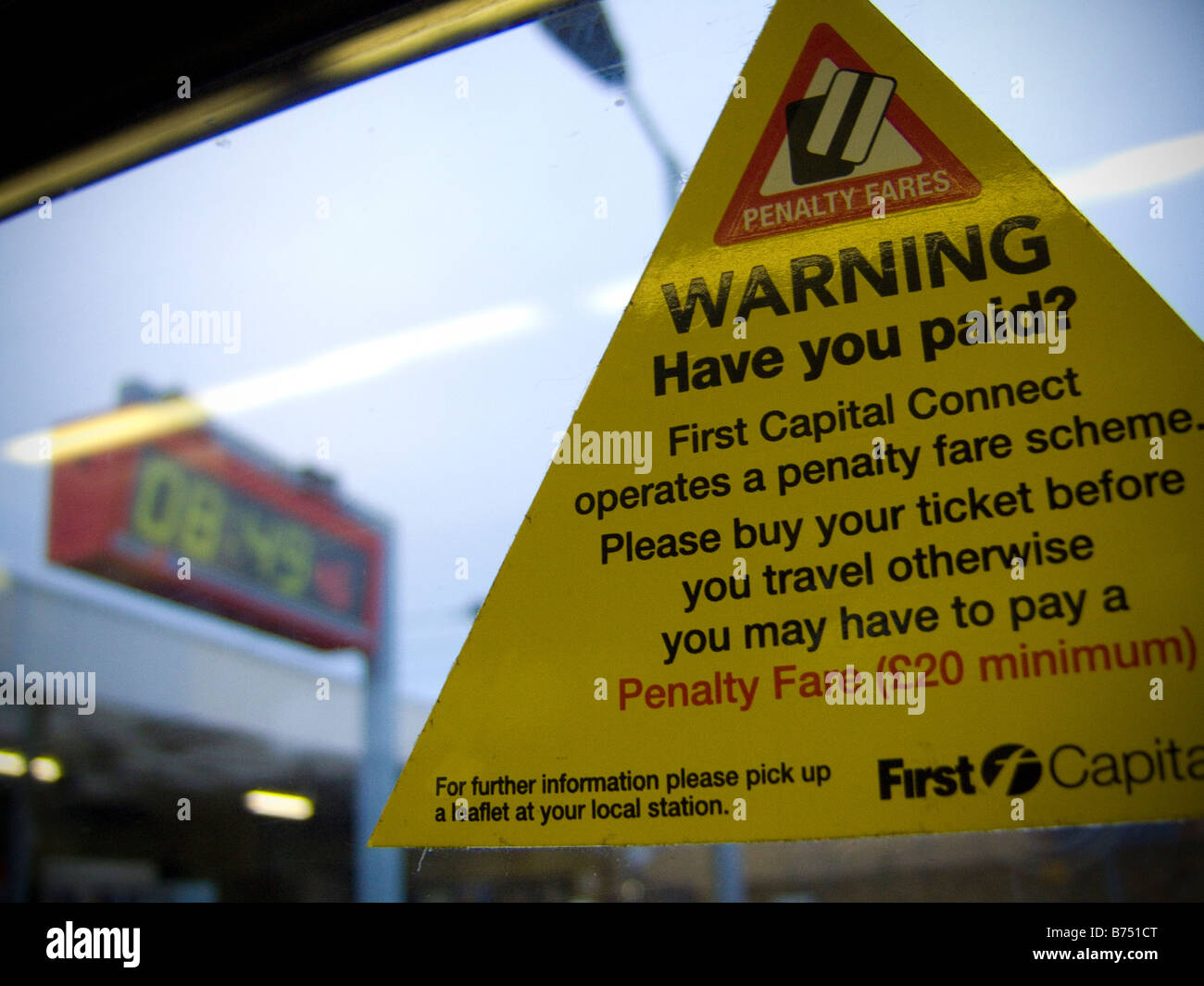 Penalty Fare Warning notices on a First Capital Connect commuter train in the UK Stock Photo