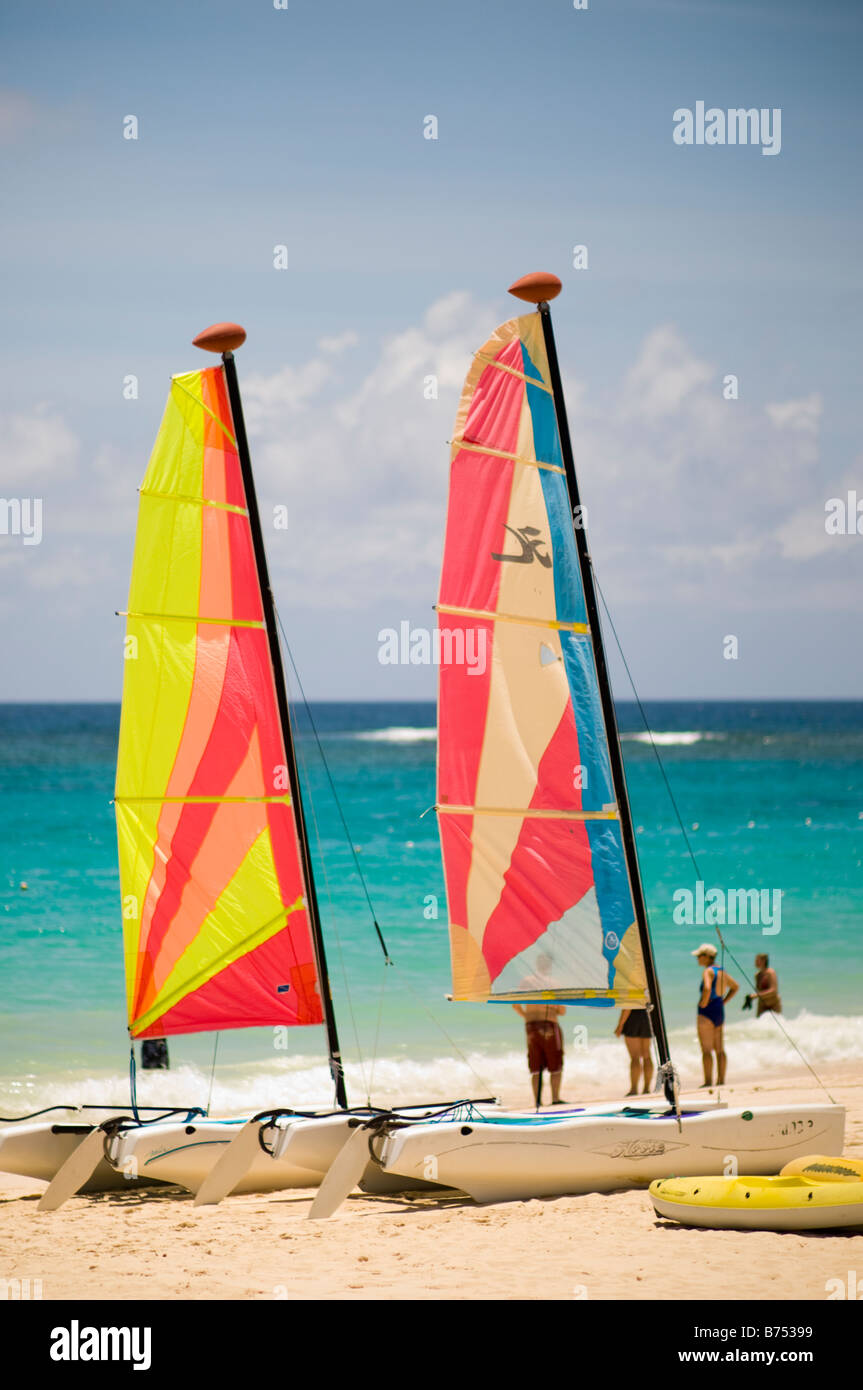 Caribbean Dominican Republic Colorful hobie cat sail boats on beach Punta Cana Stock Photo