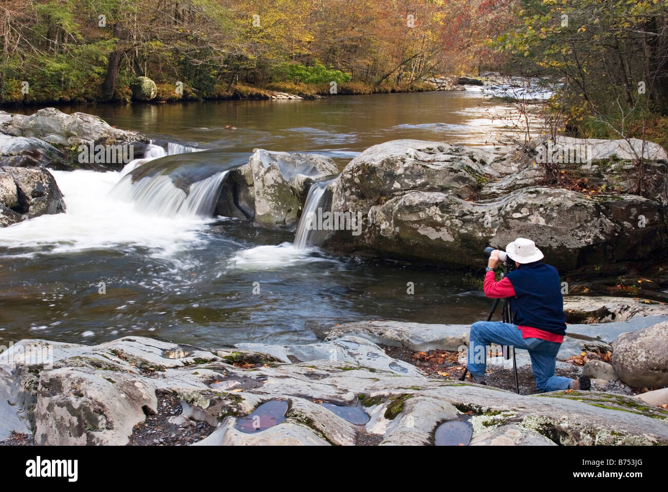 Photographer on the Little Pigeon River in the Smoky Mountains Stock Photo