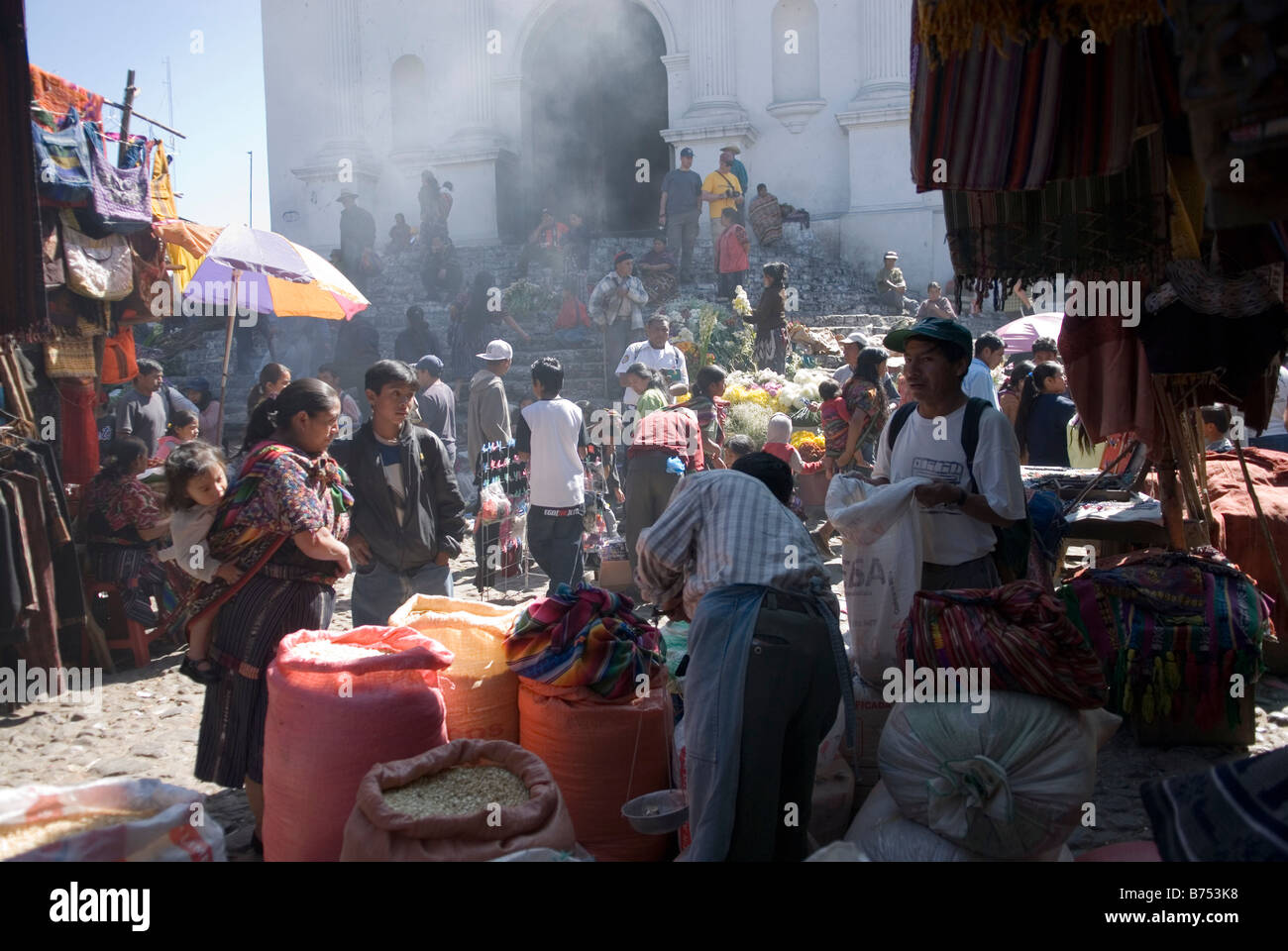 Thursday market near the steps of  the church of Santo Tomás, Chichicastenango, Guatemala. Stock Photo