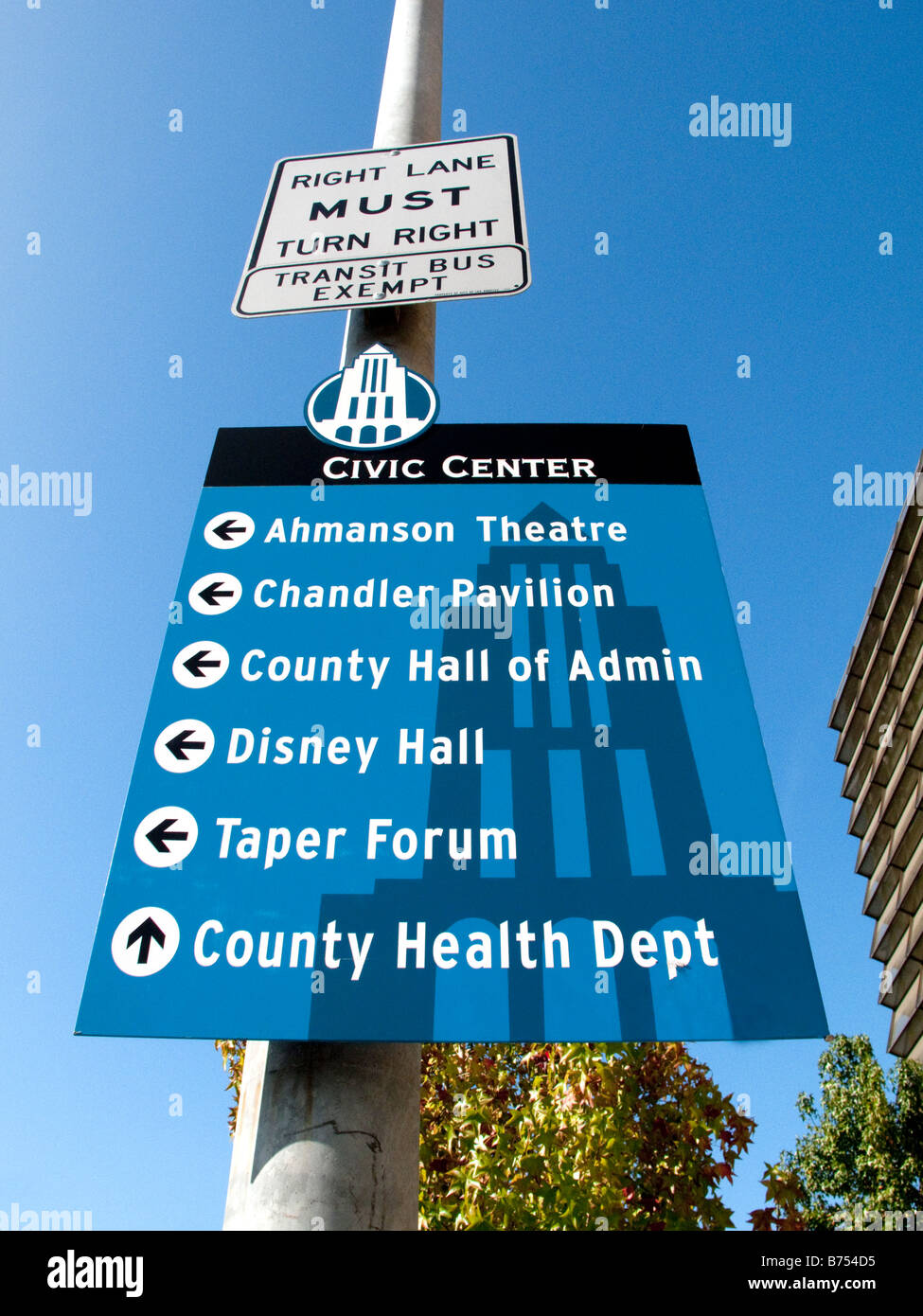 Signpost with civic center directions route signs, Los Angeles Stock Photo