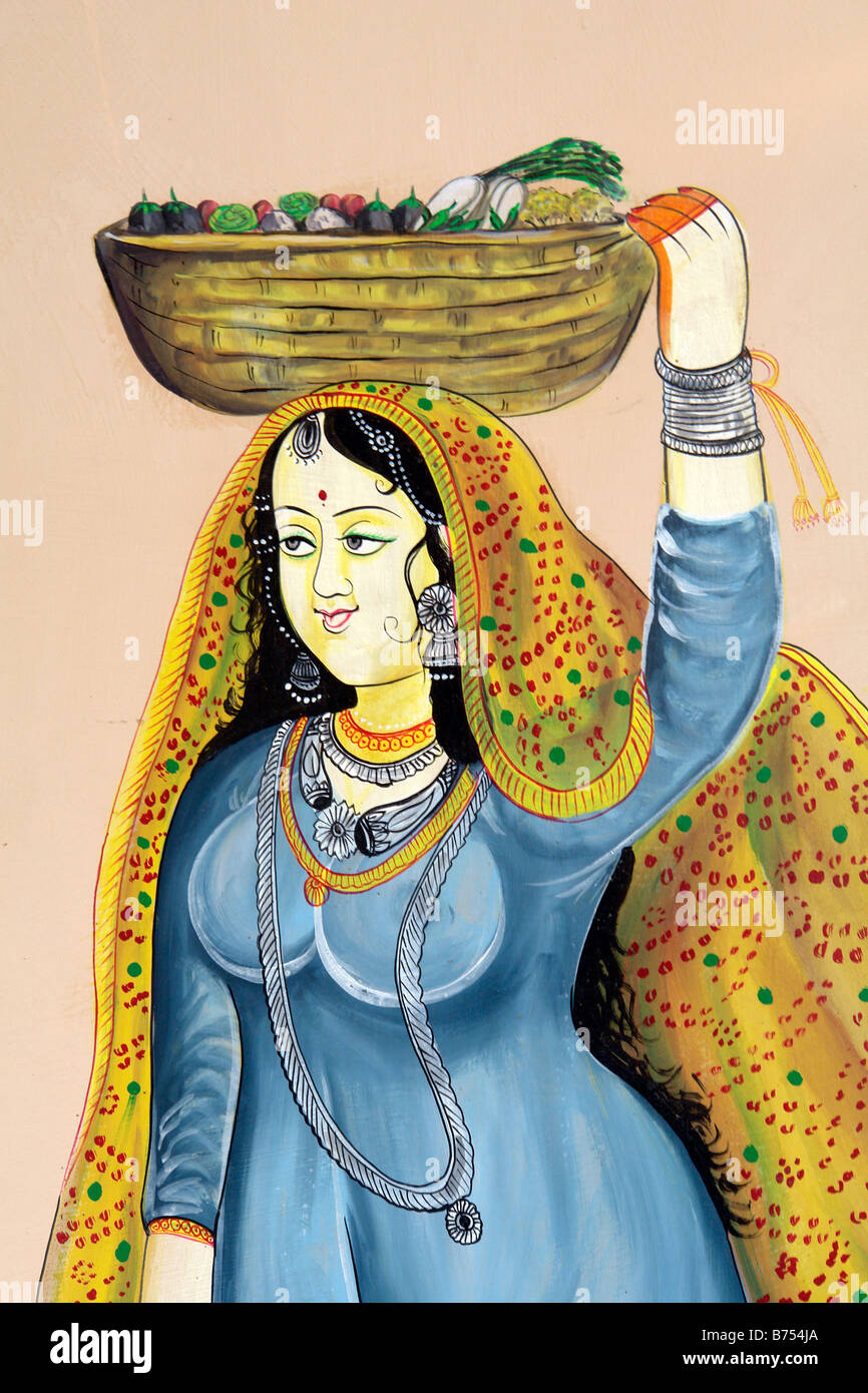 traditional indian woman wall painting or frescoe near nawalgarh Stock Photo
