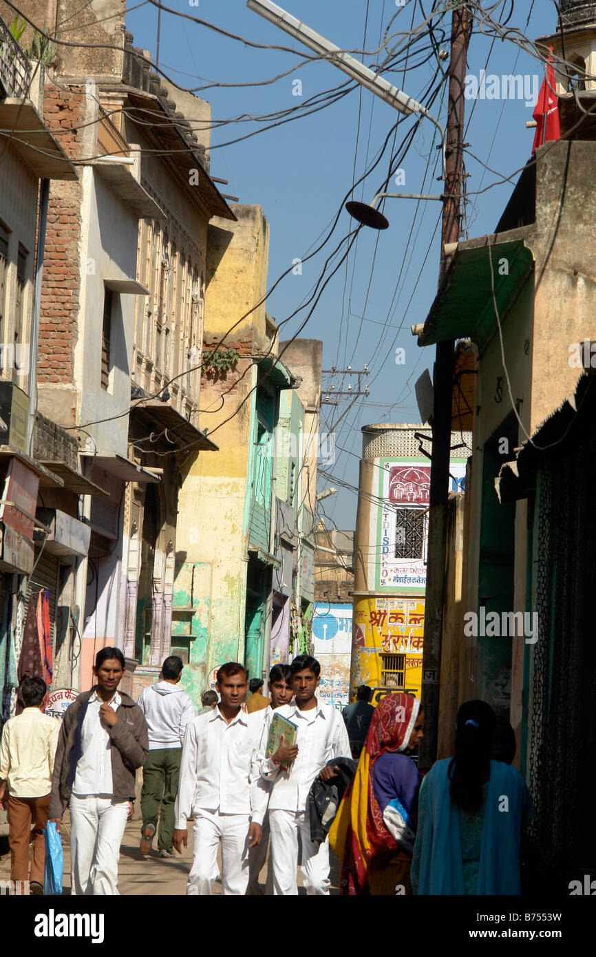 backstreet view of indian village town nawalgarh with people and local street life Stock Photo
