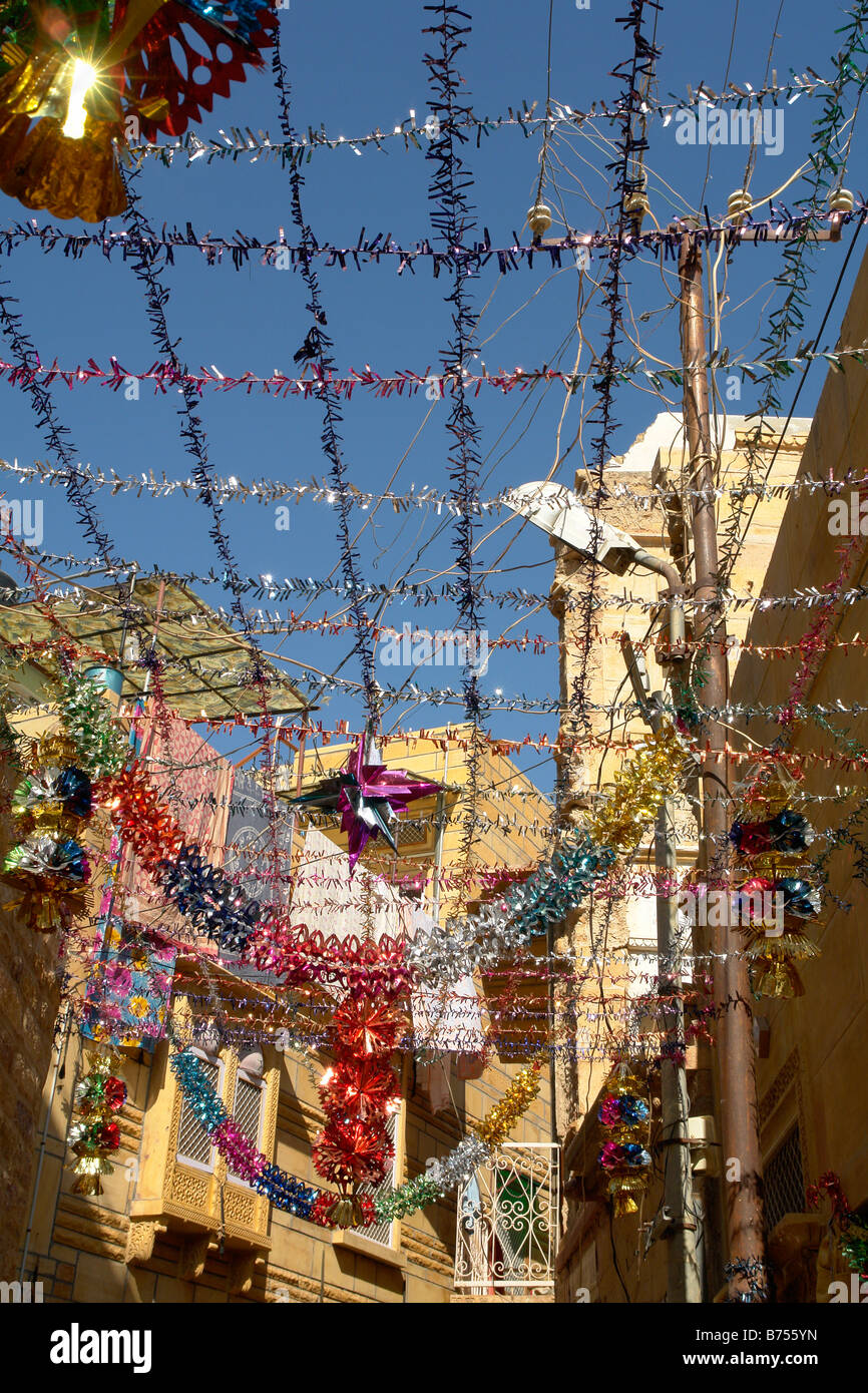 traditional indian street decorations for a wedding in the back streets of jaisalmer Stock Photo