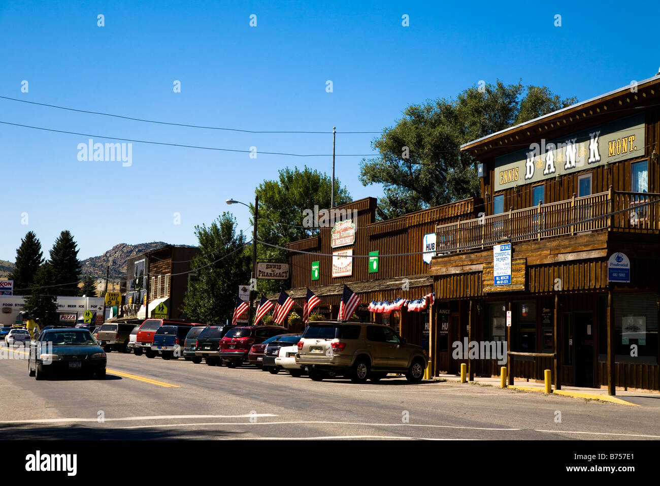 Main Street, Ennis a small western town with Old West wooden storefronts Stock Photo