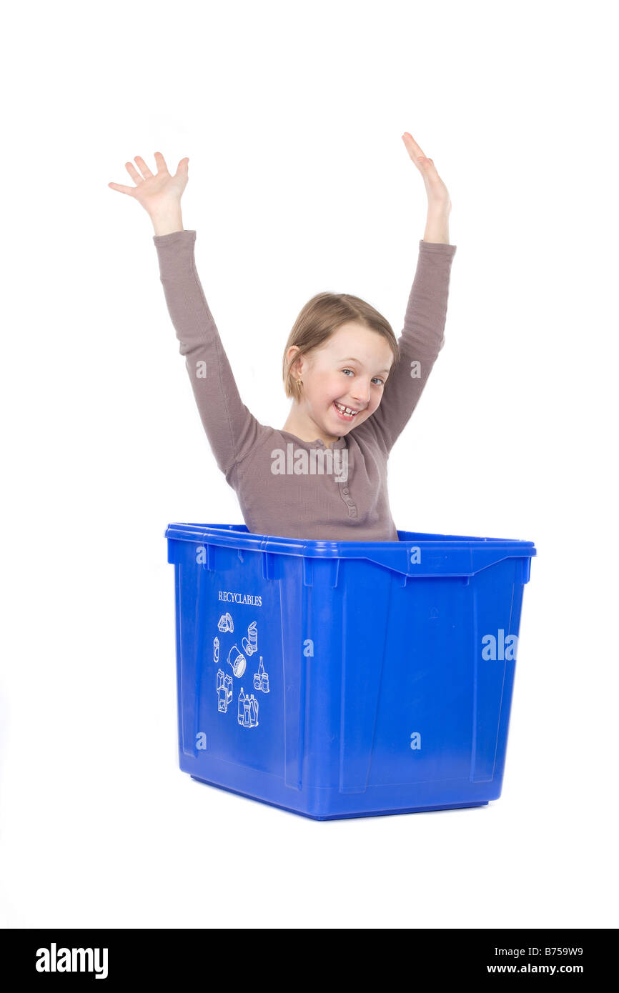 Recycling box with the girl inside, Winnipeg, Manitoba Stock Photo