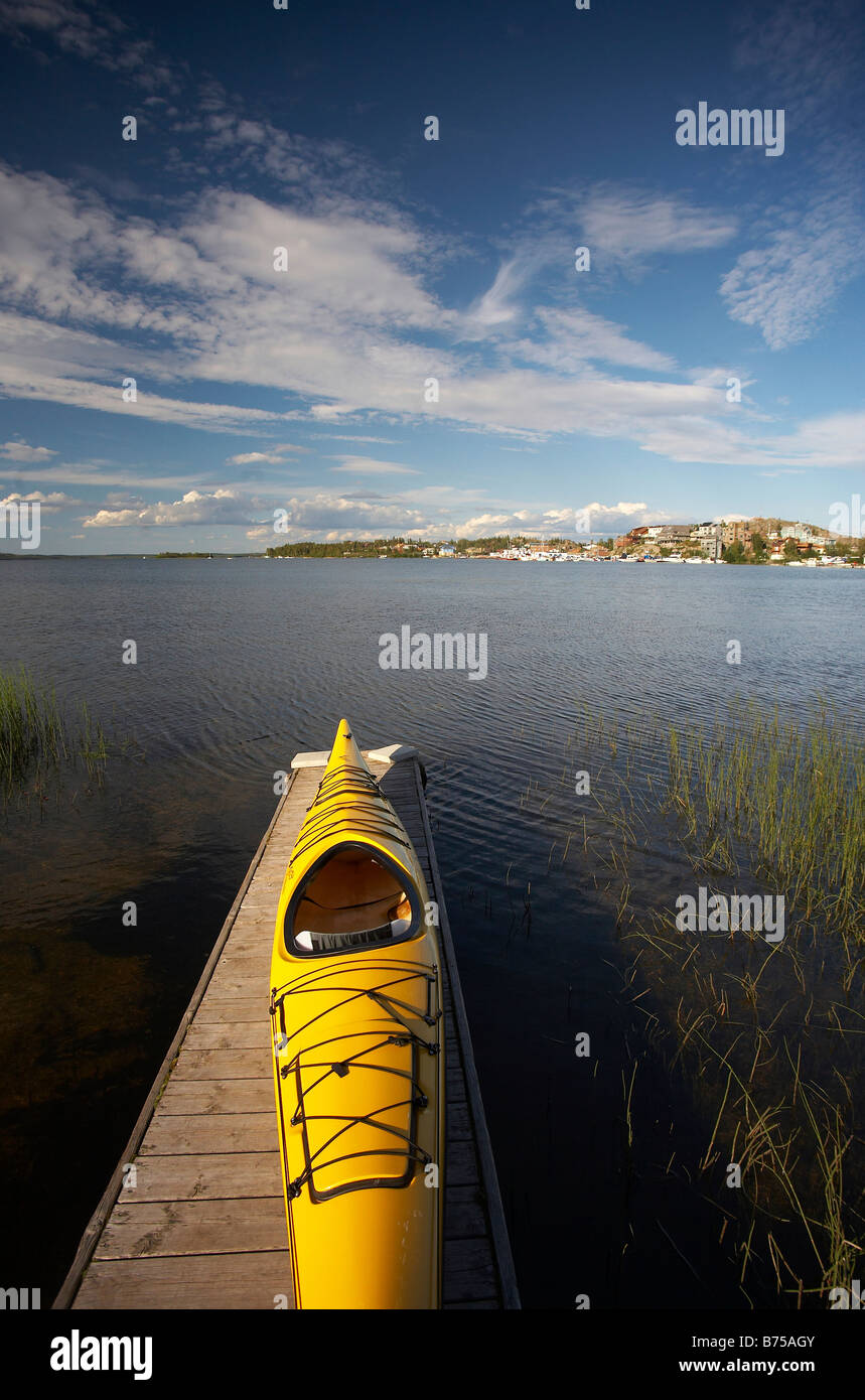 Yellow kayak, Back Bay, Great Slave Lake in Yellowknife, Northwest
