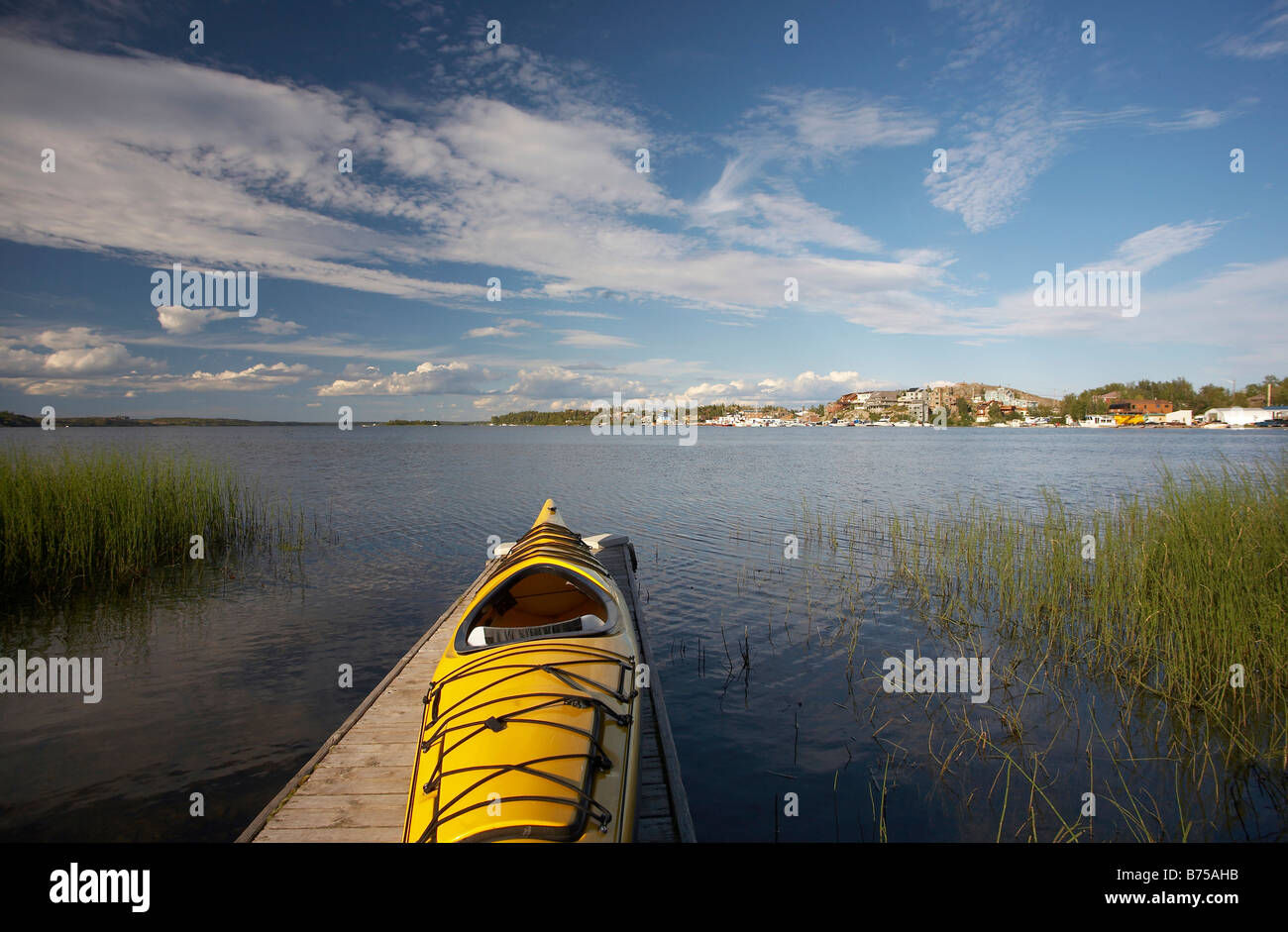 Yellow kayak, Back Bay, Great Slave Lake in Yellowknife, Northwest