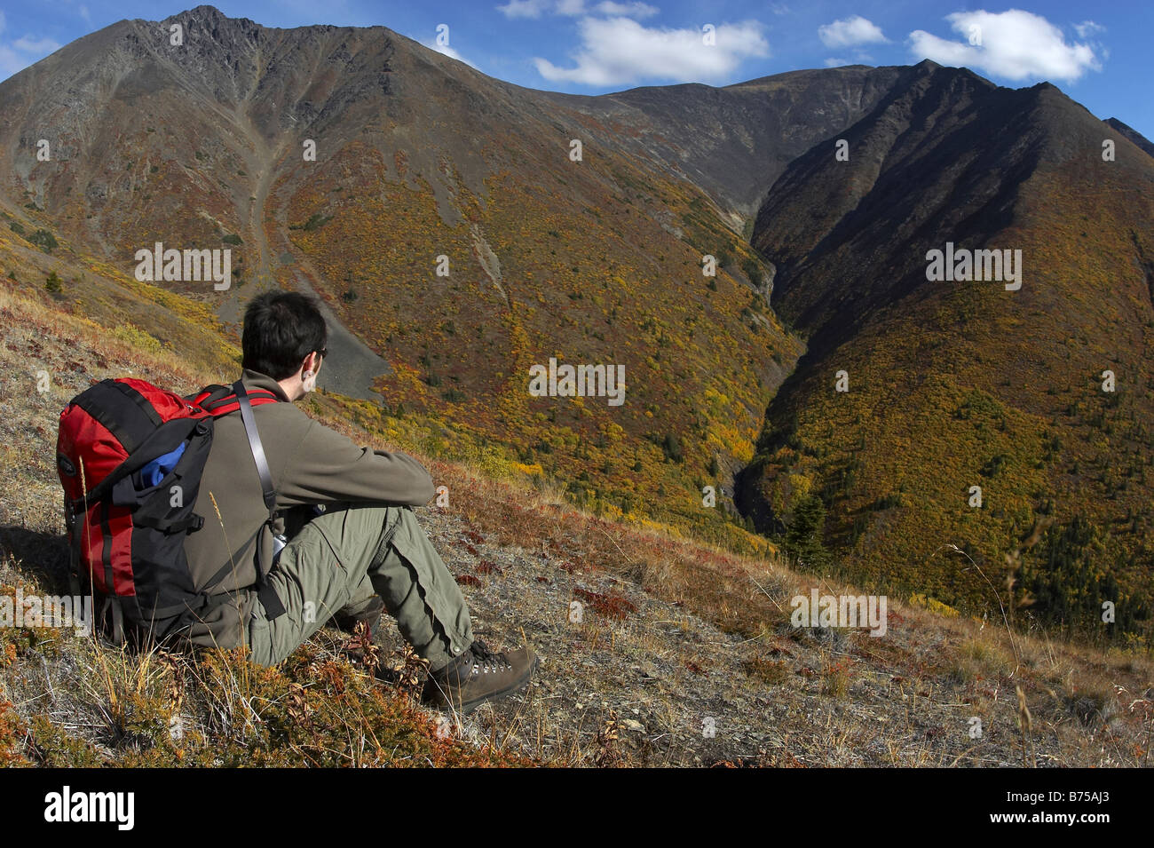 Hiker resting in the Whitehorse area, Caribou Mountain, near Carcross, Yukon, Canada Stock Photo
