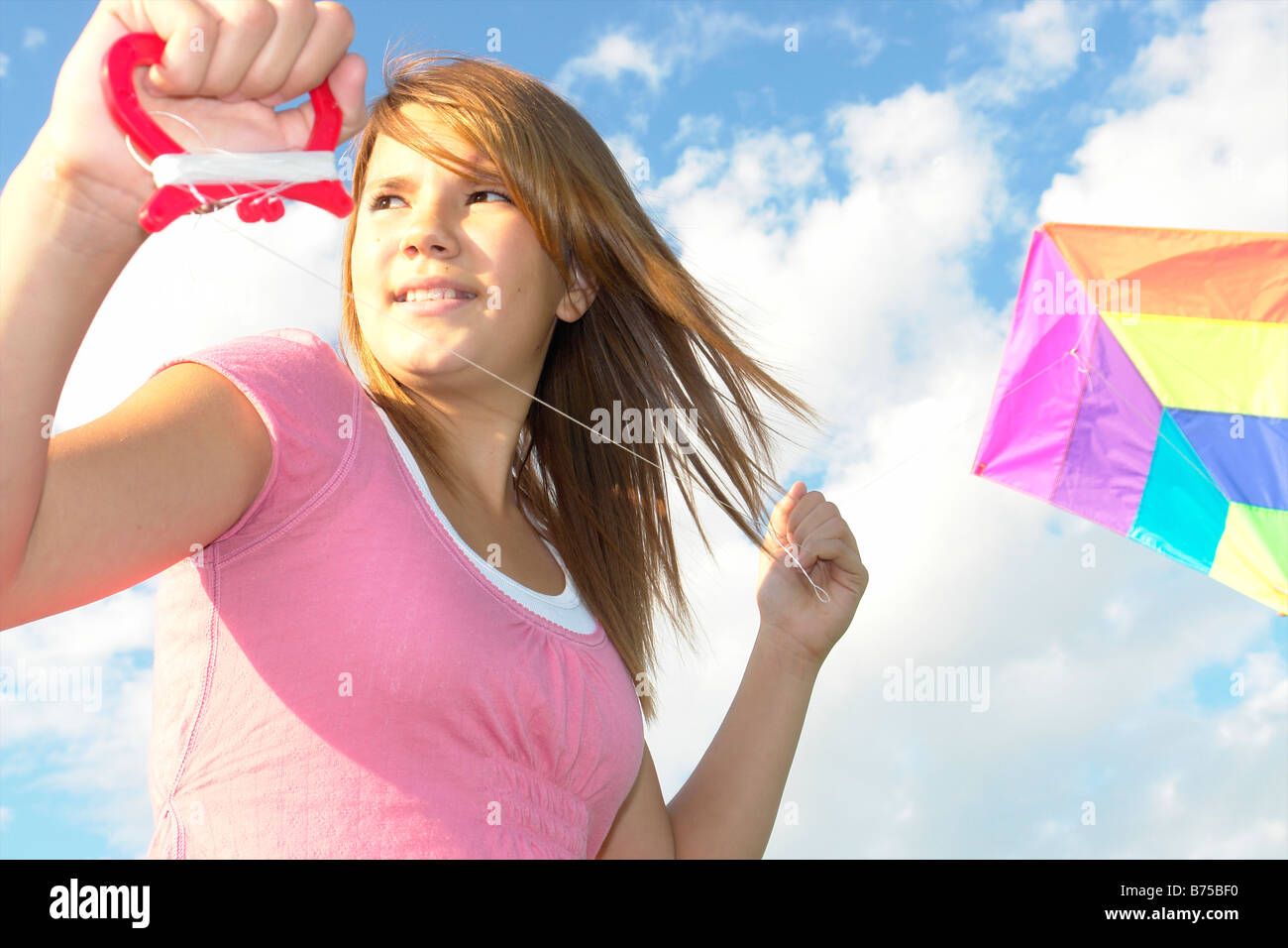 Thirteen year old girl with kite, Winnipeg, Canada Stock Photo