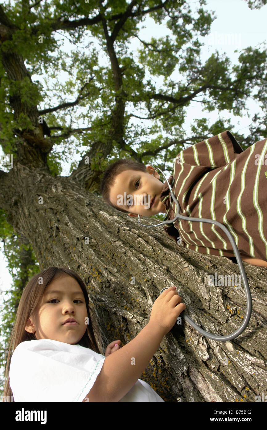 Low angel, five and seven year old sister and brother with stethescope on tree, Winnipeg, Canada Stock Photo