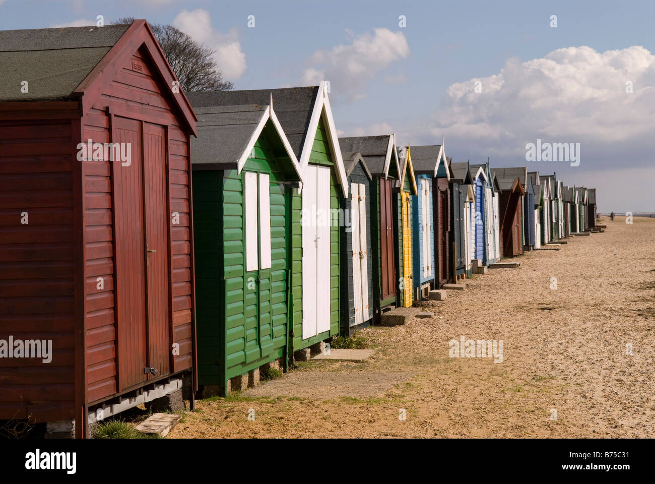 Beach Huts, Mersea Island, Seaside, Essex Stock Photo