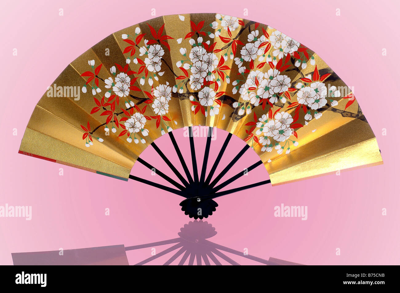 Gold Chinese Fan on Pink Background Stock Photo