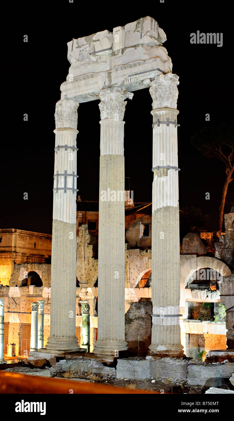 Pollux Rise Foro Romano Columns At Night Rome Italy | ROME, Italy — Three fluted ...