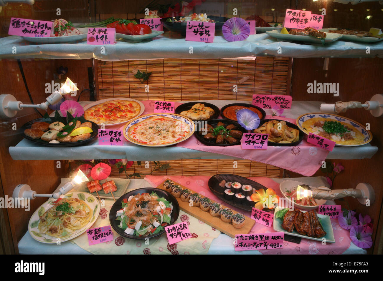 artificial plastic food made of cilicones is used for display in restaurants to see what dishes are available Stock Photo