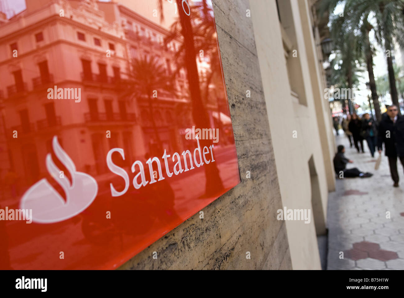Sign on entrance of Spanish bank Santander in Valencia city. Spain Stock Photo