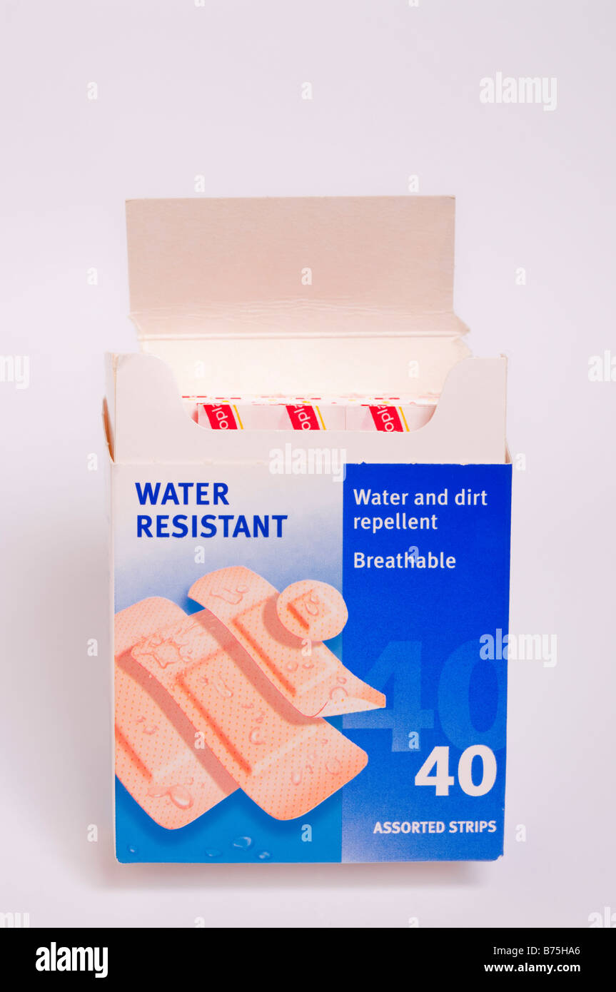 Elastoplast water resistant plasters in a packet for medical use to broken skin of people Stock Photo
