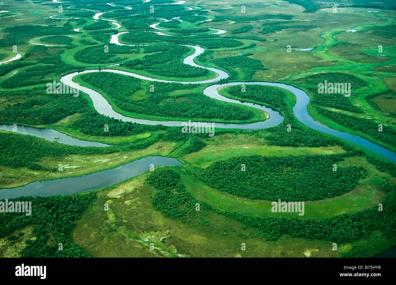 course of a river katmai np riverscape alaska national park aerial photo usa Stock Photo