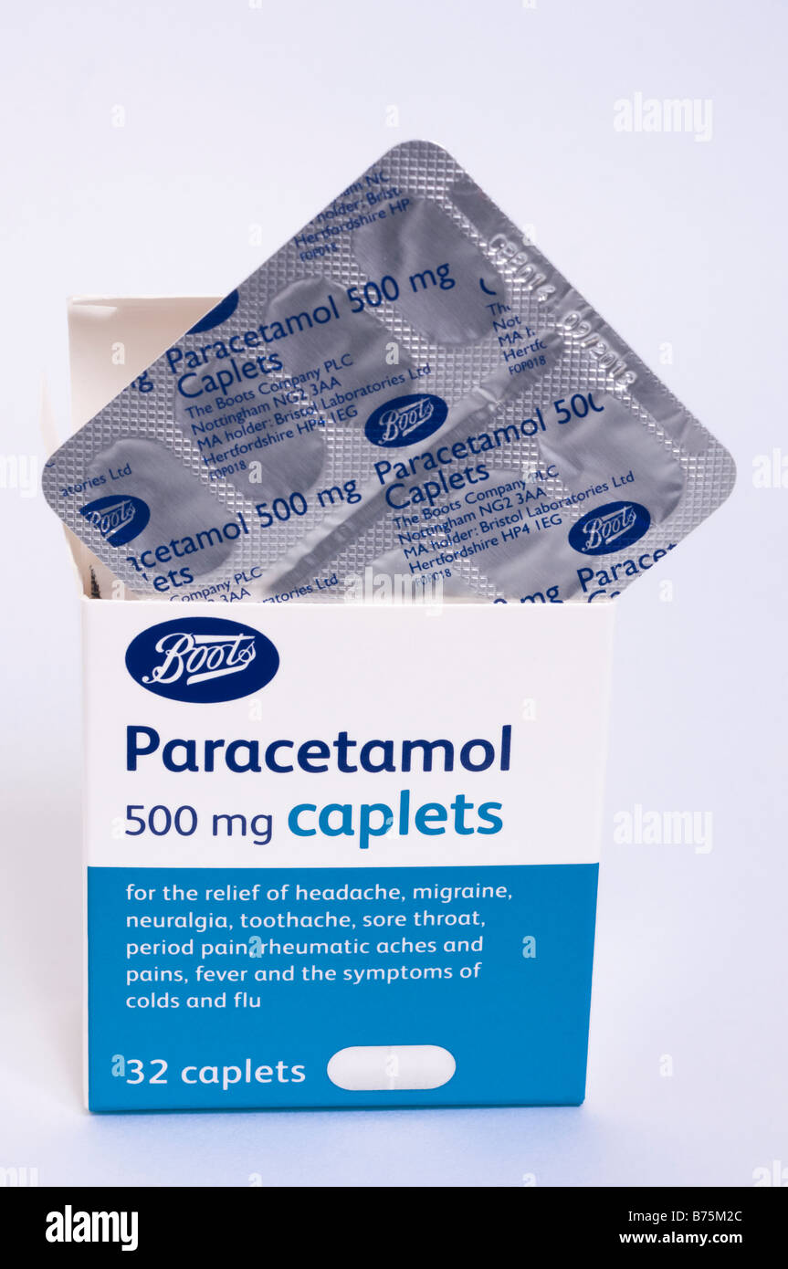 Packet of paracetamol caplets for curing a headache Stock Photo