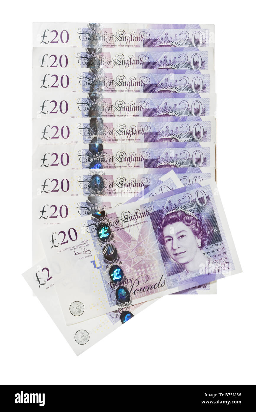 Two hundred Pounds Sterling in twenty pound notes Stock Photo