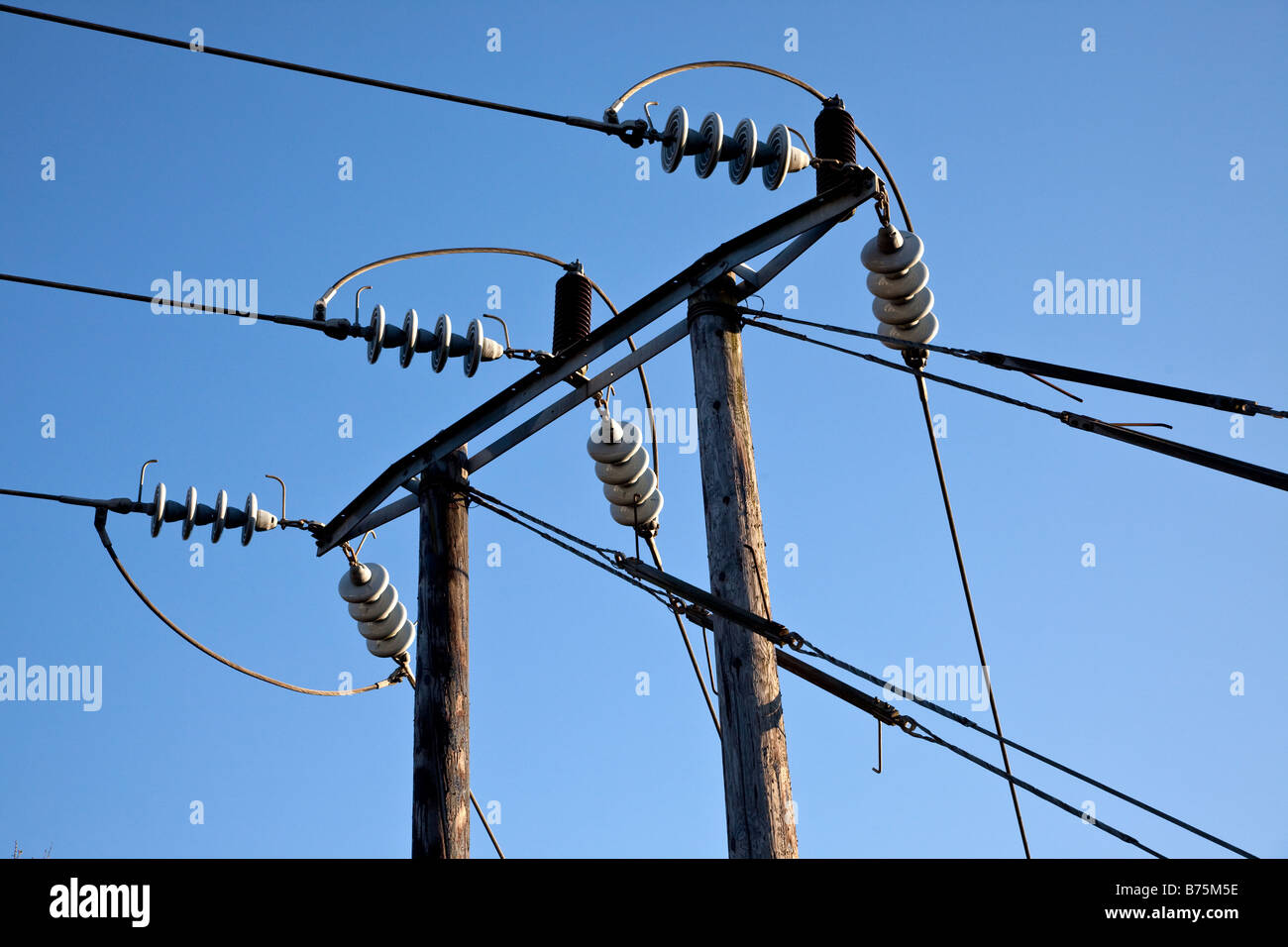 Overhead electricity power cables supplying homes in Birmingham England