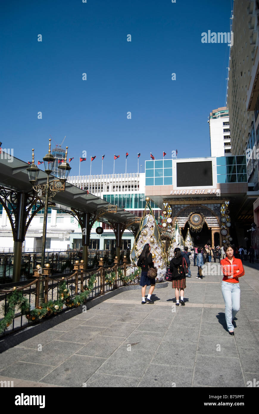 Christmas decorations on walkway, Harbour City, Tsim Sha Tsui, Kowloon Peninsula, Hong Kong, People's Republic of China Stock Photo