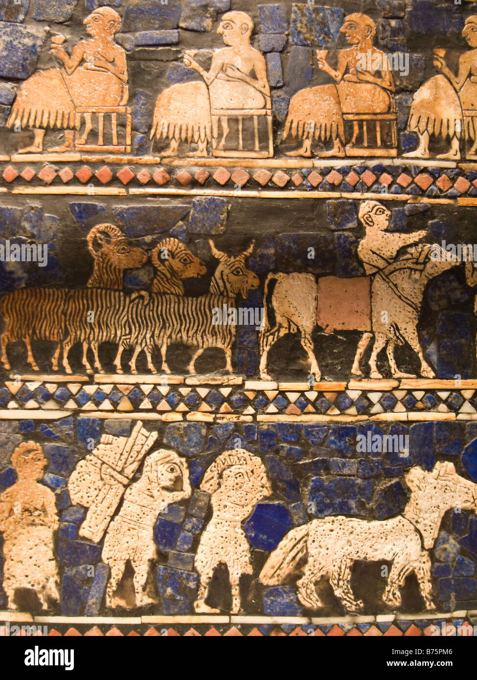 Detail from the Peace side of the Standard of Ur, attendants bringing sheep and donkey to the banquet and also friends of the King on the top register Stock Photo