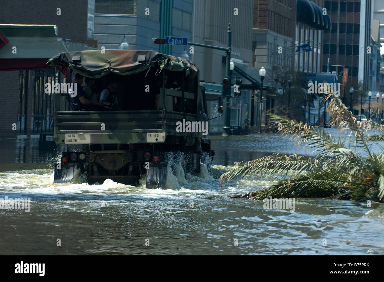 Military vehicle patrolling New Orleans after Hurricane Katrina Stock Photo